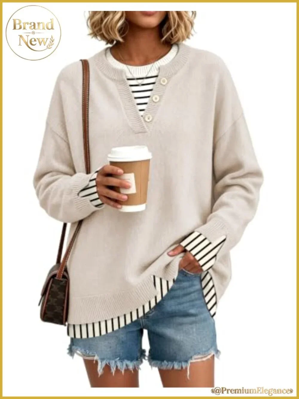 Women's Knit Pullover Sweater Long Sleeve Crewneck Buttons Loose Fit Fall